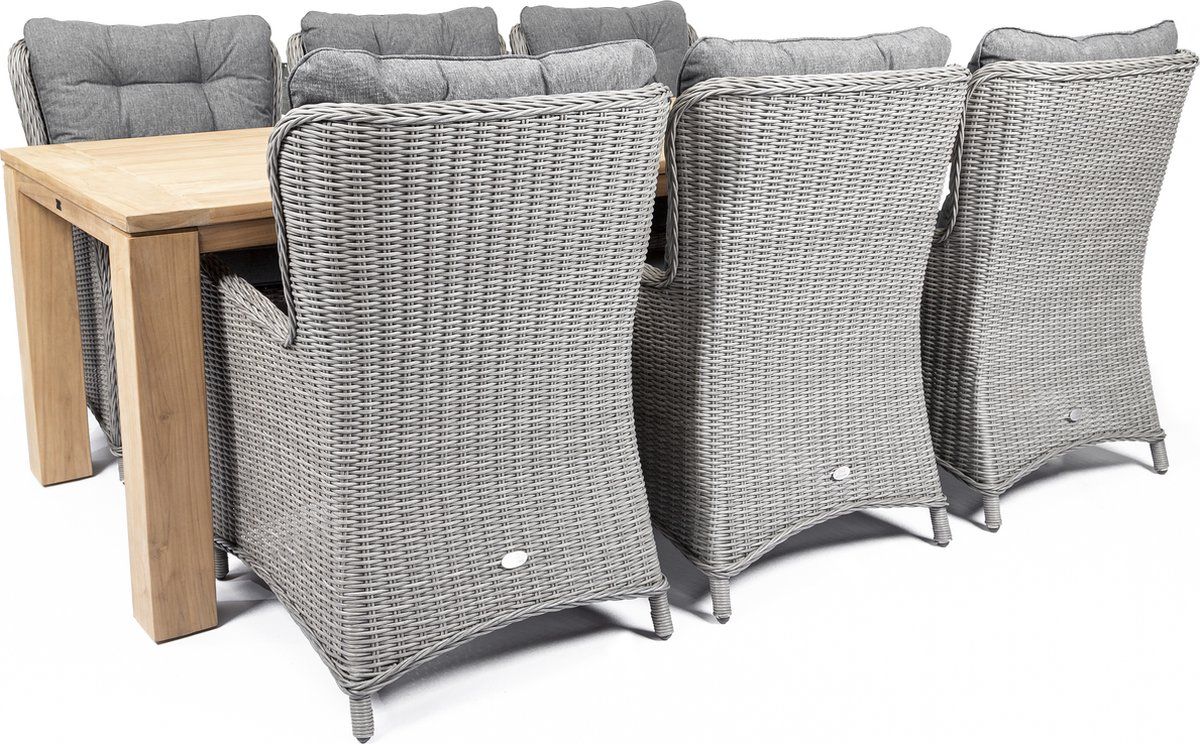 Belito Milou Tuinset 6 persoons - Teakhouten tuintafel 240cm - Wicker lounge tuinstoel - Weerbestendig - Exclusief