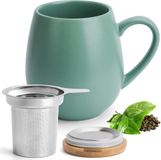 Happy Lemuro Theemok met deksel en zeef, 550 ml, groene keramische mok met oor