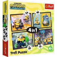Trefl - Minions 3, New Minions Adventures – 4-in-1-puzzels, 35 tot 70 stukjes – verschillende moeilijkheidsgraden, met de stripfiguren, vanaf 4 jaar