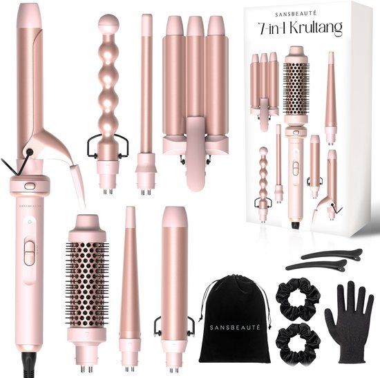 Sansbeauté® 7-in-1 Krultang met Klem en Wafeltang - Lichtroze/roségoud