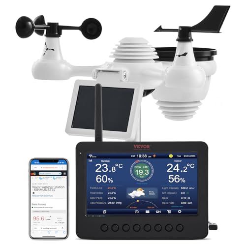 VEVOR 7-in-1 weerstation met wifi, 7-inch TFT-kleurendisplay, buitensensor, bewaking van binnen- en buitenruimtes, inclusief temperatuur, luchtvochtigheid, windsnelheid