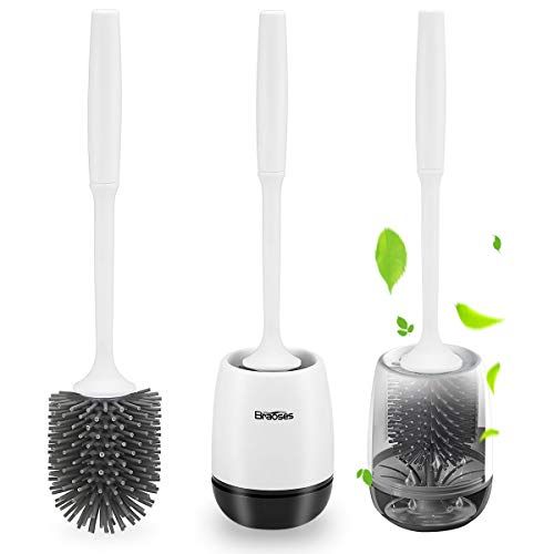 Braoses Toiletborstel met houder, siliconen toiletborstelset, lange steel, borstel en sneldrogende houder, set voor badkamer of gastentoilet, wandmontage of staand, zwart-wit