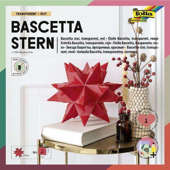 Folia Bascetta-ster vouwbladen, rood-transparant, 150 x 150 mm, 115 g/m2, 32 vel