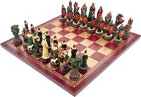 Échiquier italien, similicuir, or/bordeaux. 33 pièces. Pièces d'échecs italiennes, thème : Robin Hood