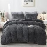 Sacebeleu Pluche Beddengoed Set 135 x 200 cm - Flanel Dekbedovertrek met Ritssluiting en 1 Kussensloop 80 x 80 cm - Donkergrijs