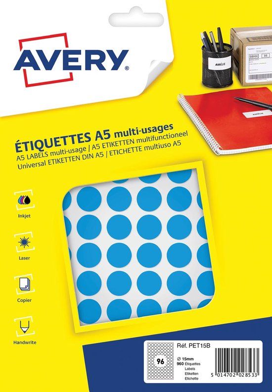 Avery Etiketten Rond 15 Mm Papier Blauw 960 Stuks