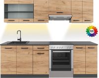 Vicco Raul Keukenblok – 240 cm, WB Zwart patroon met LED-strip Eik goud/antraciet