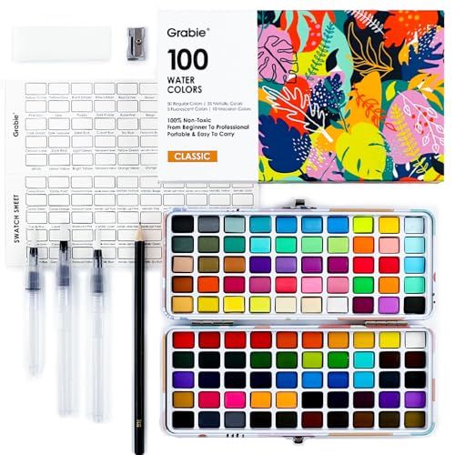 Grabie Aquarelverf Set, 100 Kleuren Alles-in-één Kit incl. Metallic, Macaron & Neon, Hoog Gepigmenteerd, Luxe Reisset met Waterpenseel, Ideaal Cadeau voor Alle Niveaus