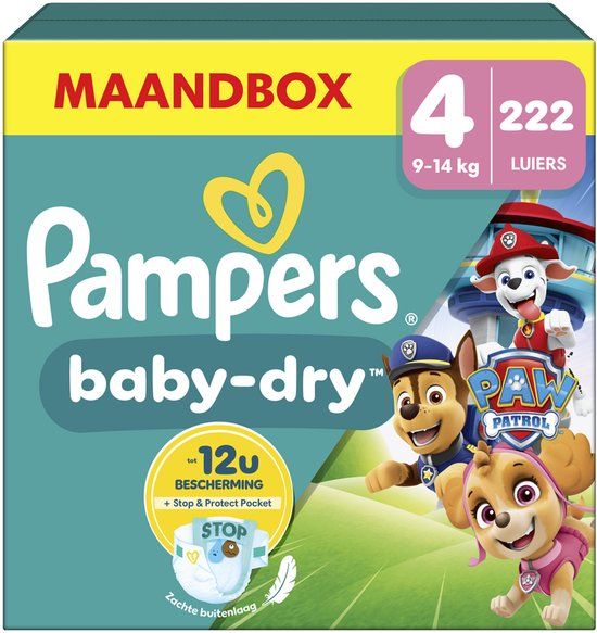 Pampers Baby-Dry Paw Patrol-editie Maat 4 (9kg-14kg) - 222 Luiers - Maandbox