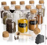OEM Kruidenpotjes (set van 12) – luchtdicht glas met kurkdeksel incl. 12 etiketten, 2 lepels van hout en krijtstift om te beschrijven, ronde voorraaddozen voor jam, kruiden en specerijen (150 ml)