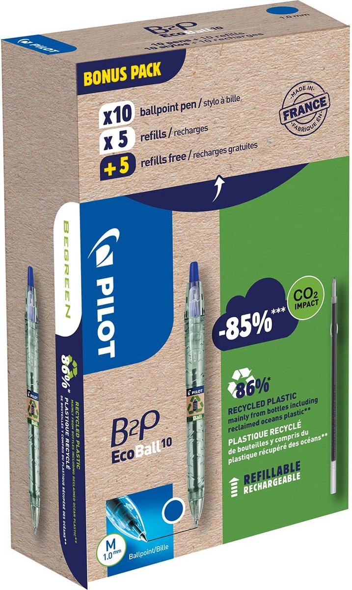 Pilot Ecoball balpen B2P BeGreen medium, 10 + 10 vullingen, blauw