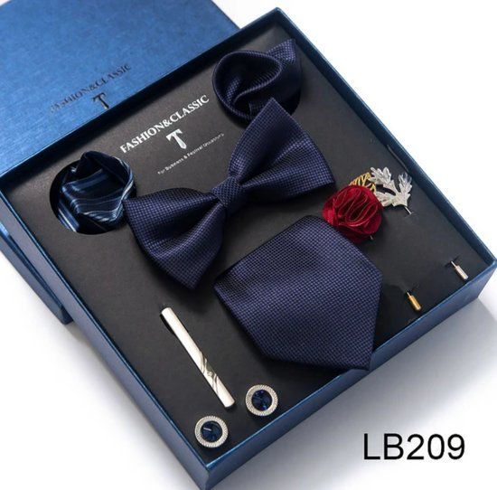 Fashion Classic Gift Set for Men - Dark Blue Silk Tie, Pocket Squares, Cufflinks, Pins & Bow Tie