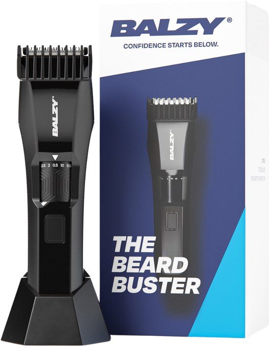BALZY® BeardBuster® – Baardtrimmer Mannen – Precisie Baard Trimmer 0,5–10mm – 20 Lengtes – Titanium T-Blade – IPX7 Waterdicht – 90 Min Batterij – USB-C – Incl. Docking Station