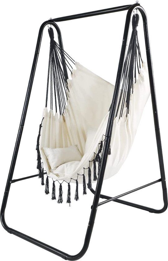 CCLIFE Hangmat Hangstoel met Frame en 3 Kussens - Zwart - 85x103x153cm