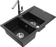Mexen Gaspar granieten spoelbak 1,5-kamer met afdruiprek en keukenmengkraan Flora, zwart/gouden metallic