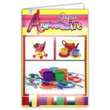 AFIE Gelukkige verjaardagskaart voor kleine meisjes kinderen collage tekst in reliëf met envelop 12 x 17,5 cm dinette theepot kopjes kommen bekers borden schoteltjes lepels trolley boodschappen