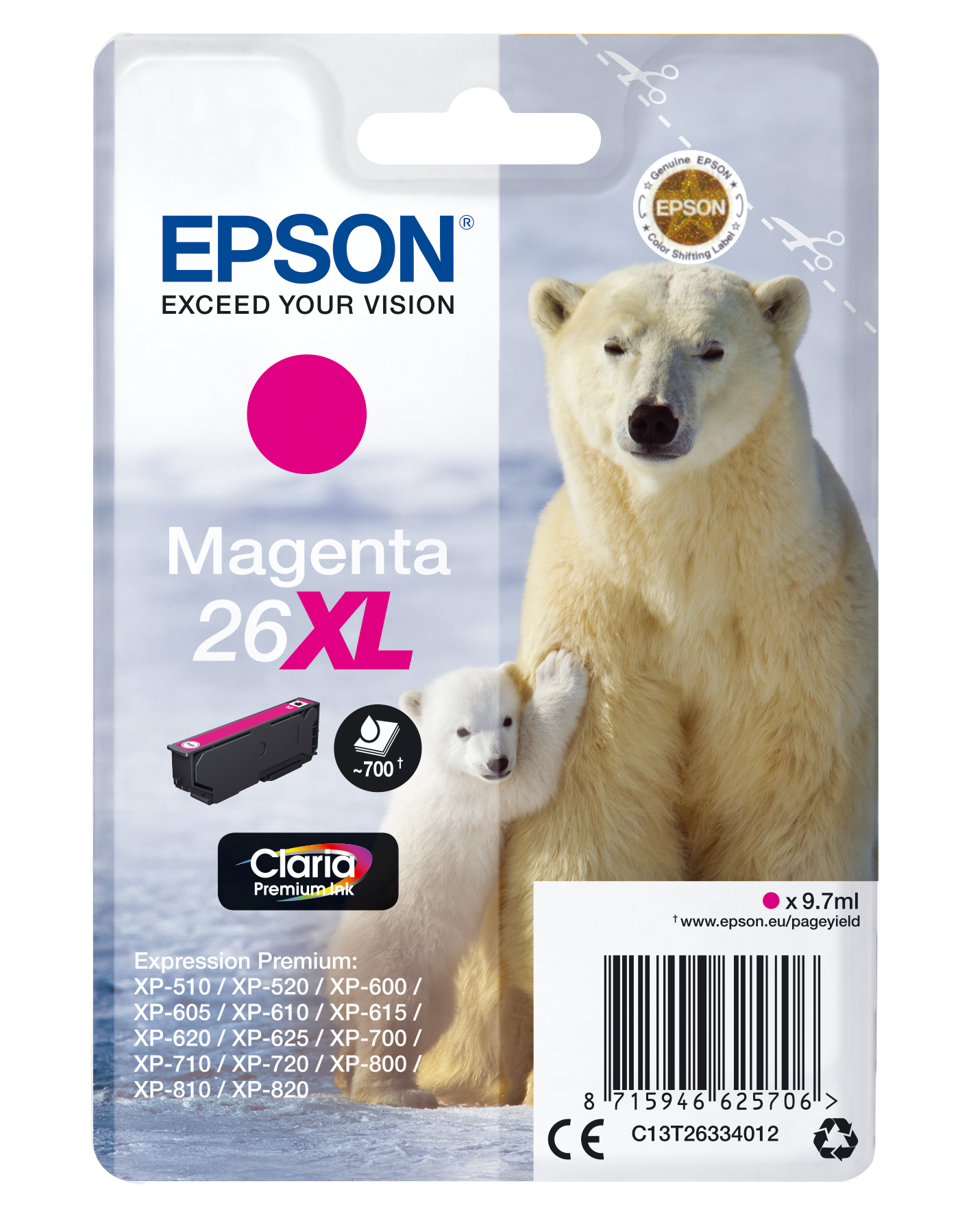 Epson Polar bear Singlepack Magenta 26XL Claria Premium Ink single pack / magenta