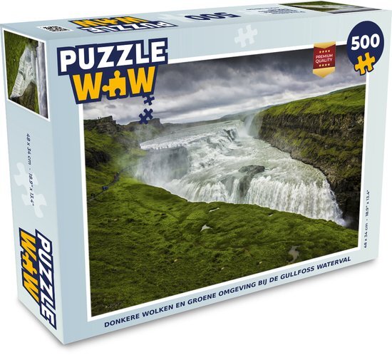 MuchoWow Puzzel Donkere wolken en groene omgeving bij de Gullfoss waterval - Legpuzzel - Puzzel 500 stukjes