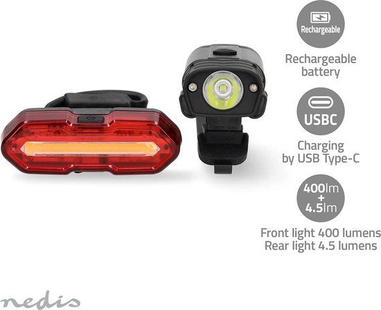Nedis Fietslamp - Batterij Gevoed - 5 V DC - 3 W - Oplaadbaar - 400 lm - Zwart