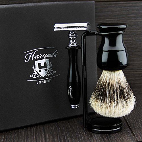 JAG SHAVING GERMANY Scheerset Zwart met Zilveren Kant Dashaar-Scheerkwast, Dubbele Standaard en Scheerapparaat