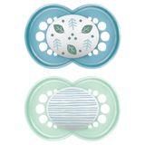 MAM Set van 2 fopspenen vanaf 6 maanden, met symmetrische, platte en flexibele fopspeen van Skin Soft Silicone gemakkelijk aanvaardbaar, met zelfsteriliserende doos, origineel, glanzend blauw