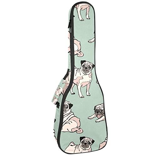 Mersov Concert Ukelele Rugzak, Heavy Duty Ukelele Case Bag met Opslag, Sopraan Concert Tenor Ukelele 10MM Gewatteerde Tas Mosterd Groen Hond Pug
