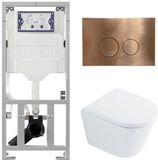 QeramiQ Dely Toiletset - 36.3x51.7cm - diepspoel - rimless - Geberit UP320 inbouwreservoir - met Burda frame - softclose toilet zitting - 35mm - koperen bedieningsplaat - ronde knoppen - glans wit