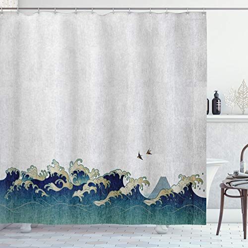 ABAKUHAUS Japanse Wave Douchegordijn, Aquatic Wervelingen, stoffen badkamerdecoratieset met haakjes, 175 x 220 cm, Grey Blue Cream