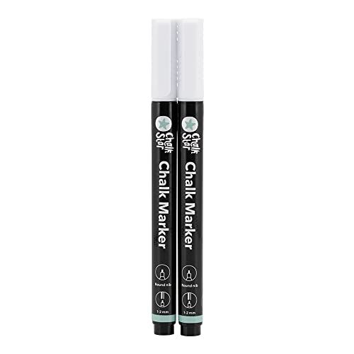 Chalk Star - Set van 2 witte vloeibare krijtstiften voor blackboard, chalkboard, raam of glas - ronde 1-2 mm nibs, hoge kwaliteit - ideale krijtpen voor signs en advertentieven