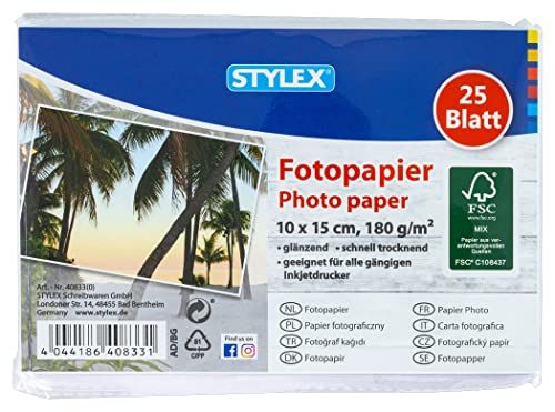 Stylex 40833 - fotopapier 10 x 15 cm, 180 g/m², FSC-gecertificeerd papier, wit, 25 vellen