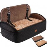 Gimars Honden Autostoel Omkeerbaar Lang/Kort Pluche Voor Kleine/Middelgrote Honden Tot 27 kg, Afneembaar Wasbaar, Antislip, Booster Autostoel Met 13 cm 28D Foam, Veiligheidsriem, L-Bruin