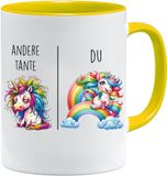 Mok met spreuk | Andere tante vs Du | Tante Cadeau voor vrouwen Huwelijk Bruiloft | Cadeau-idee vrouw Verjaardag Kerstmis Patentante Familie Koffiemok (geel)