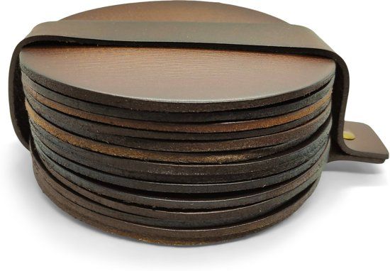 Brute Strength Vierkante leren onderzetters set van 6 stuks - Bruin