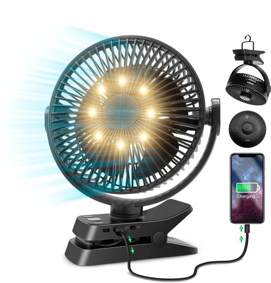 Vulpes Goods Tech Tafelventilator MAX - Oplaadbaar & Draadloos - Stille USB Ventilator met Afstandsbediening - 5 Snelheden & Verlichting - Ultra Stil - 12000 mAh & Powerbankfunctie - Zwart