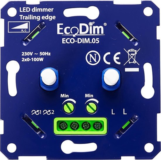 EcoDim DUO led dimmer inbouw â€“ fase afsnijding - 2x 0-100W â€“ Universeel - Druk- draai schakelaar, Draaidimmer voor LED Lampen, 100% Stil