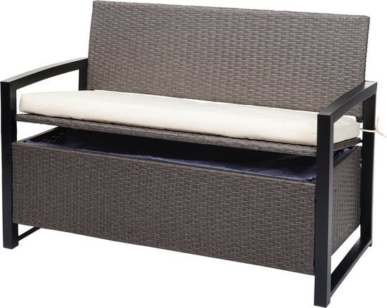 MCW Poly-rattan 2-zitsbank MCW-F39, grijs-gemêleerd met crème kussens