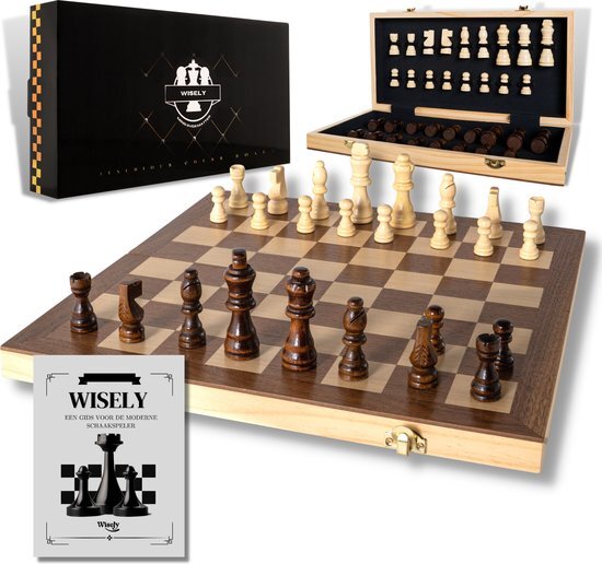 Wisely - Luxe Schaakspel - Schaakset XL - Schaken - Schaakbord Met Schaakstukken - Chess - Gratis Schaakboekje Met Openingszetten -Hout - Inklapbaar - 38cm bij 38cm