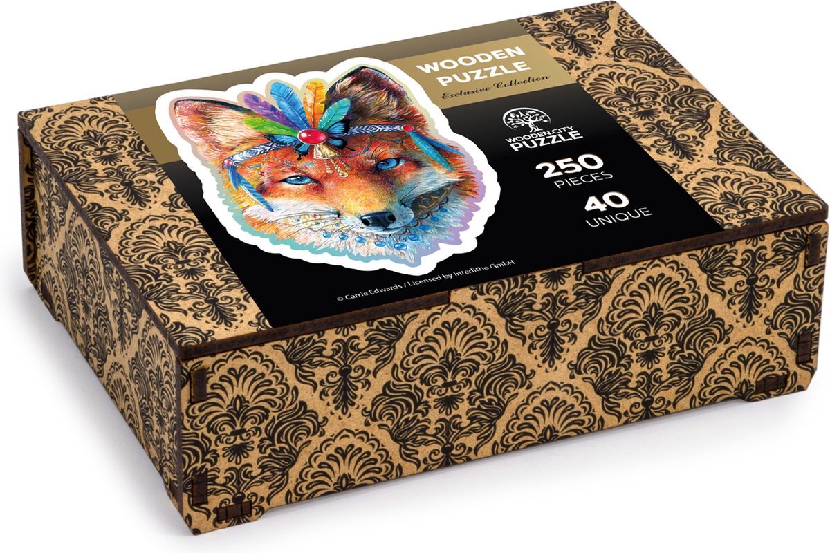 Wooden City 250-delige houten puzzel Mystic Fox - unieke ongebruikelijke legpuzzels met diervormige stukjes - uitdagende mozaïekpuzzel geschenken voor kinderen en volwassenen - geweldige legpuzzels