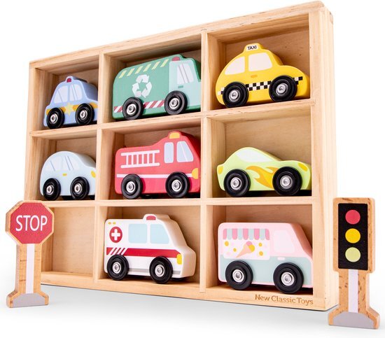 New Classic Toys New Classcic Toys Auto's in Houten Box - 8 auto's, 1 stoplicht en 1 stopbord