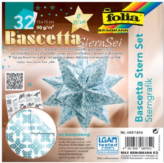 Folia vouwbladen Bascetta-ster, ijsblauw / bedrukt, 150 x 150 mm, 90 g/m2, 32 vel