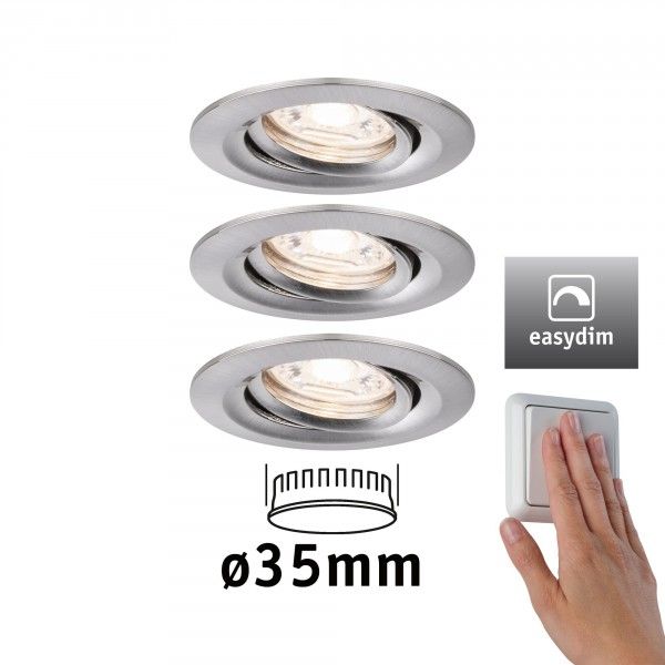 Paulmann LED-inbouwlamp Easy Dim Nova Mini Plus Coin Basisset zwenkbaar rond 66mm 15° 3x4,2W 2700K Staal geborsteld