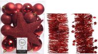 Decoris Kaemingk B.V. Kerstversiering kunststof kerstballen 5-6-8 cm met ster piek en folieslingers pakket rood van 35x stuks