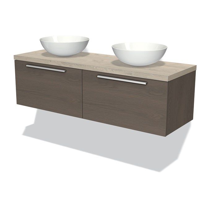 Maxaro Badkamermeubel voor Waskom 140cm Modulo Plato Donkerbruin Eiken 2 Lades Vlak Lichtgrijs Eiken Blad
