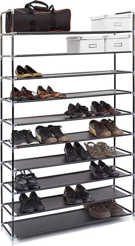 Relaxdays schoenenrek XXL, 50 paar schoenen, 10 etages, schoenenkast, textiel zwart