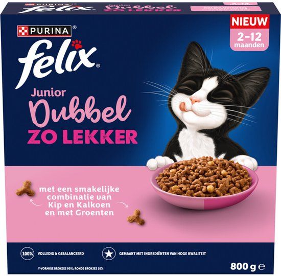 Felix Kattenvoer Droog Dubbel Zo Lekker Junior Kip, Kalkoen, Melk en Groenten - 800 gr