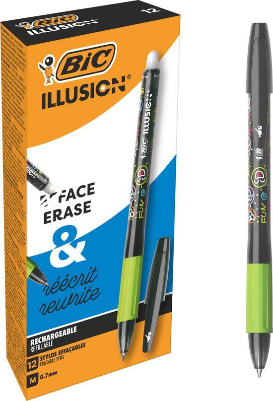 BIC Illusion Uitwisbare Navulbare Gelpen - Zwart - Doos van 12 - Medium Punt 0,7 mm