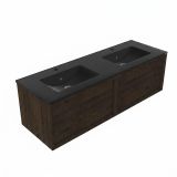 Saniclass Holz Frame Badkamermeubelset - 140x45x42cm - Vygo keramische wastafel zwart - 2 wasbakken - 2 kraangaten - 2 lades - mat eiken charcoal (hout) SW1420776/SW773922