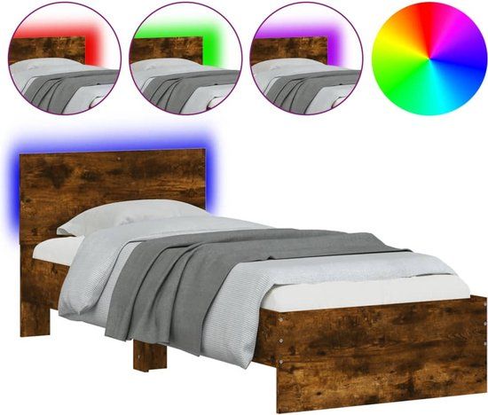 vidaXL Bedframe met hoofdbord en LED, gerookt eikenkleurig, 90x190 cm