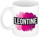 Bellatio Decorations Leontine naam cadeau koffie mok - beker - met roze verfstrepen - Cadeau collega - moederdag - verjaardag - juf - coach - 300 ml - wit
