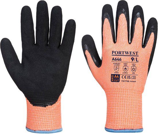 Portwest Vis-Tex winter HR snijbestendige Nitril handschoenen - Oranje/zwart - M